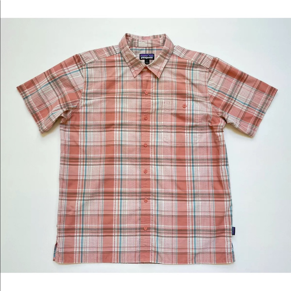 Patagonia Mens Sz L Short Sleeve Button Front Orange Checks Lightweight Shirt